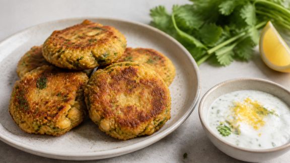 Galettes de pois chiches à la coriandre et sauce yaourt citronnée