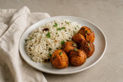 Boulettes de patate douce au cumin, riz pilaf aux épices douces