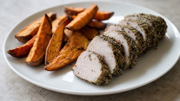 Filet mignon de porc en croûte d’herbes et patates douces au four