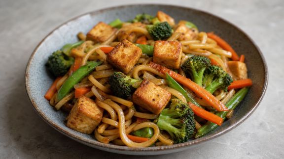 Nouilles udon sautées au tofu croustillant et légumes de saison