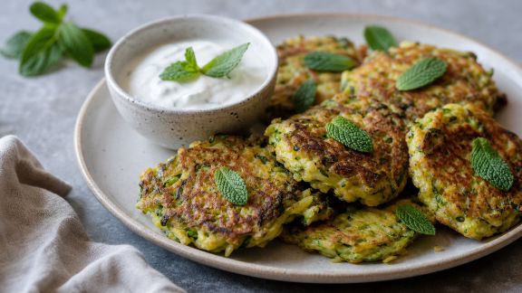 Galettes de courgettes à la menthe et sauce au fromage blanc