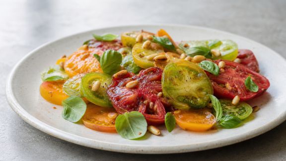 Tartare de tomates anciennes au basilic et pignons torréfiés