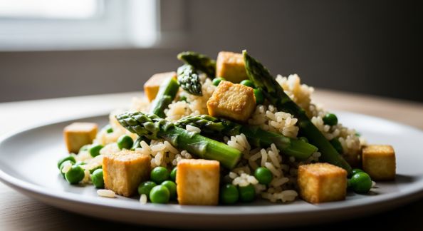 Riz sauté aux asperges, petits pois et tofu croustillant