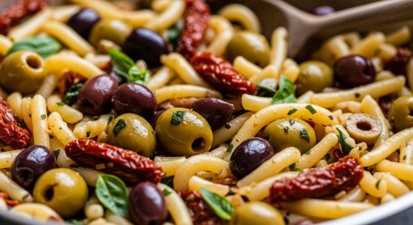One pot pâtes à la méditerranéenne, olives et tomates séchées