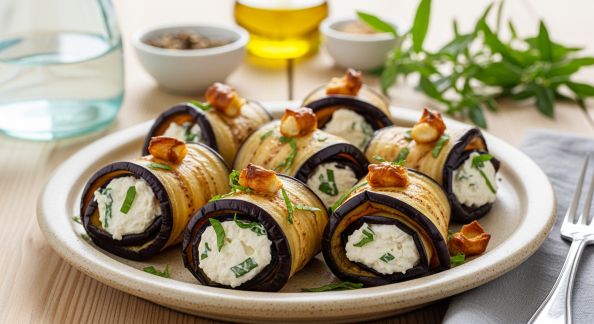 Roulés d’Aubergine au Fromage de Chèvre et Pignons