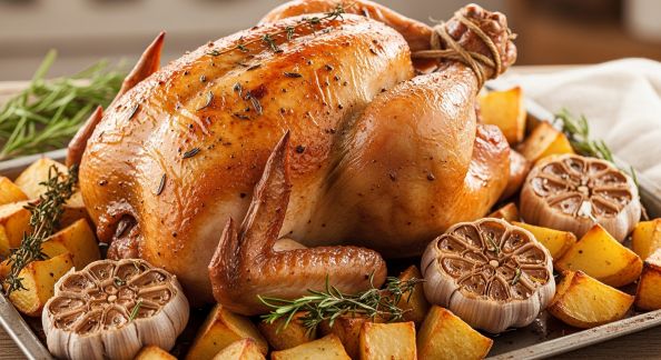 Poulet rôti à l’ail confit et pommes de terre fondantes