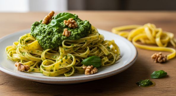 Tagliatelles maison au pesto de fanes et noix